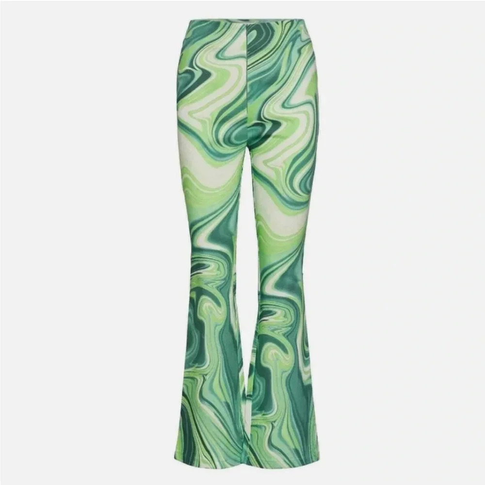 Hosbjerg Green Marble Swirl Flare Pants Women’s XS Y2K Streetwear Retro